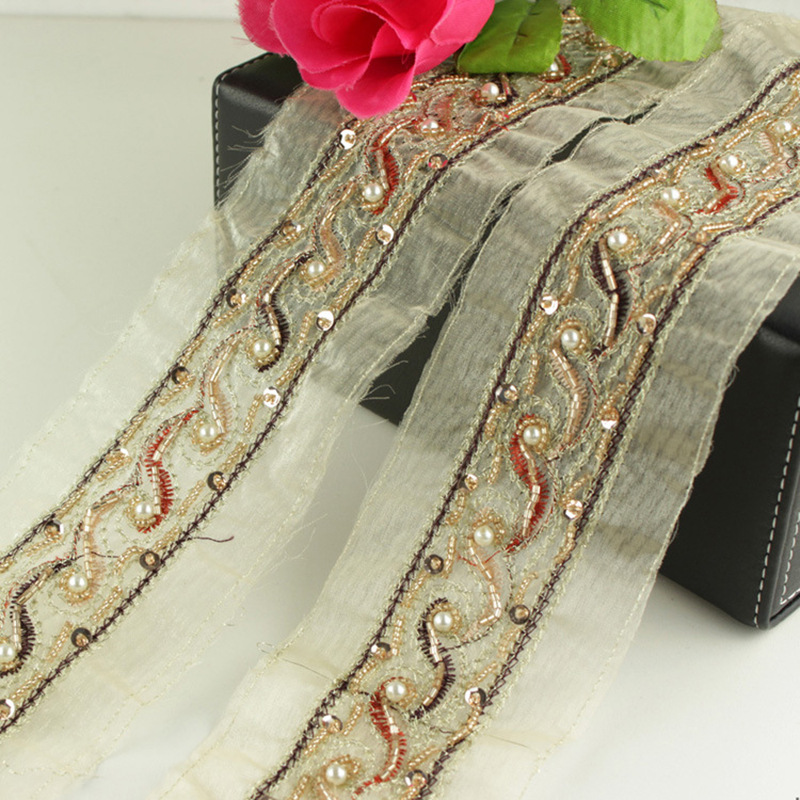 H108-1008 4CM手工花边 网纱金丝刺绣钉珠花边 刺绣珍珠花边