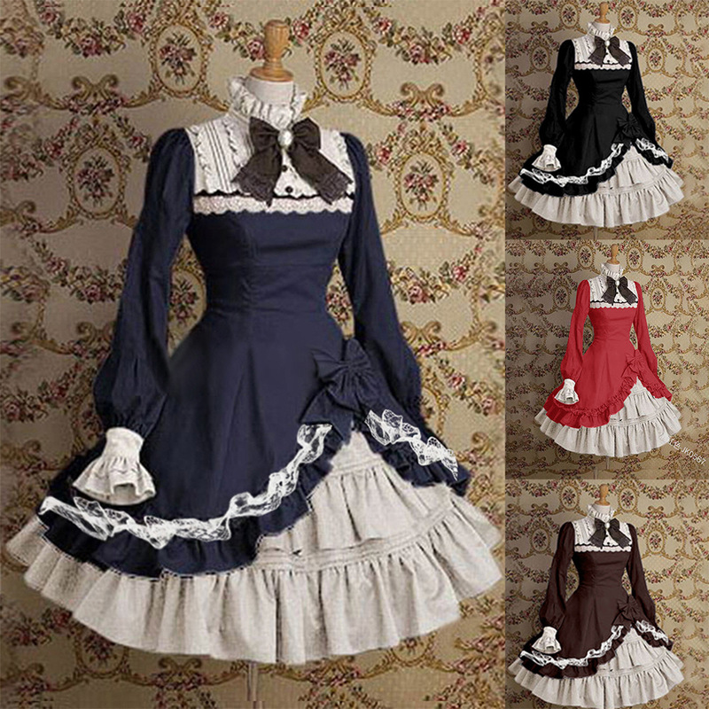 2022 Half Turtle Collar Bell Sleeve Color Block Bow Lolita Dress Jk0567 Foreign Trade Aliexpress