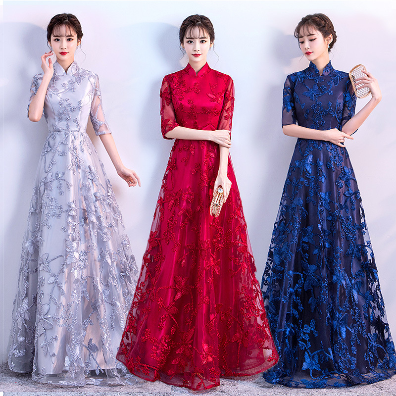 Big Choir Chinese Cheongsam Performance Costume Evening Dress Female Host Dress Adult Long Dress Dress Female