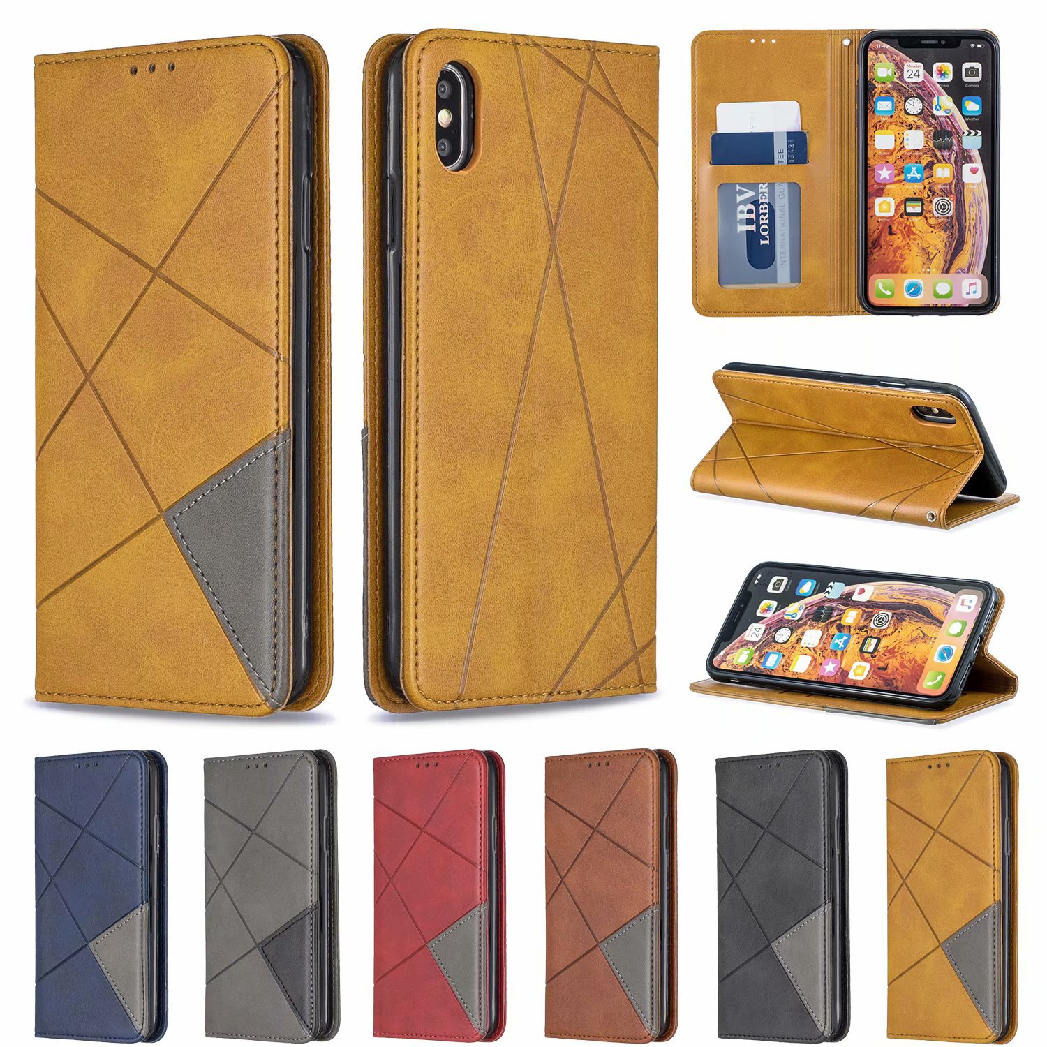 适用IPHONE16菱形拼接手机皮套苹果15插卡翻盖吸合钱包S25保护套