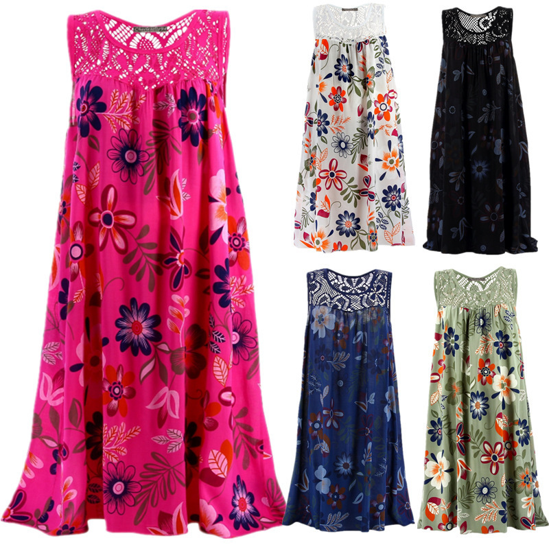 Spot 2022 European and American women's Amazon wish explosions sleeveless pullover lace printed large swing vest dress