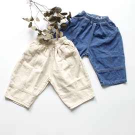 加绒牛仔裤儿童冬款韩国童装拼接设计双层加绒里7分大裆裤
