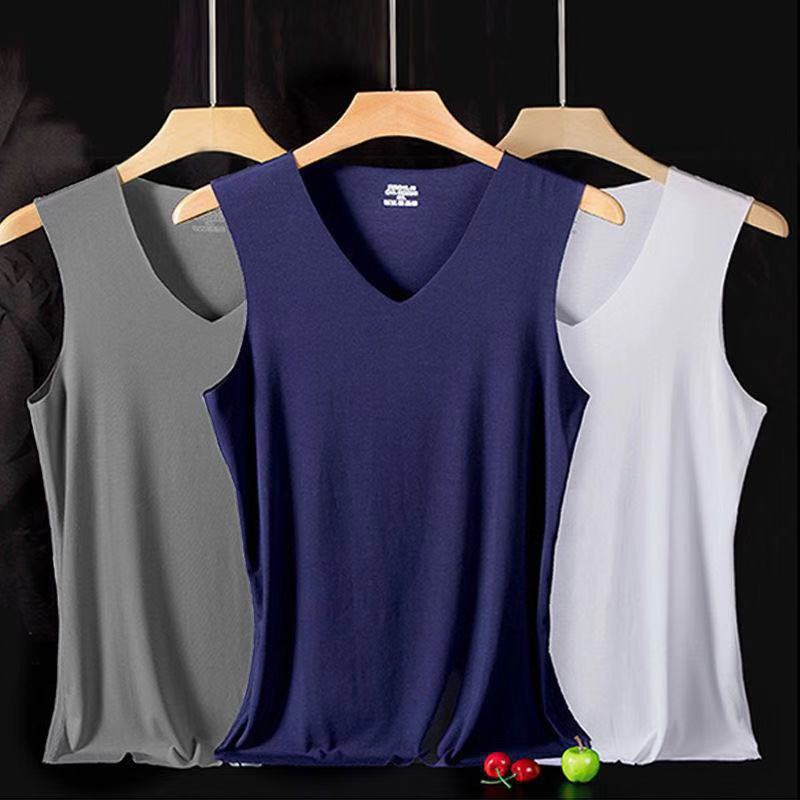 NanRenShuai/NanRenShuai Men's Vest Ice Silk V-Neck Vest Men's Summer Solid Color Base Shirt Inner Slim Fit