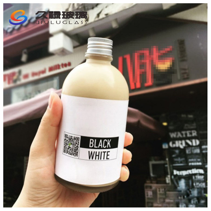 透明铝盖果汁瓶350ml蒙砂玻璃饮料瓶果酒瓶冷萃咖啡玻璃瓶子果蔬