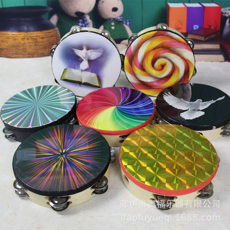 Orff banda de percusión para niños de 8 pulgadas para adultos de doble fila rendimiento de tambor de láser rendimiento de baile raqueta de mano pandereta