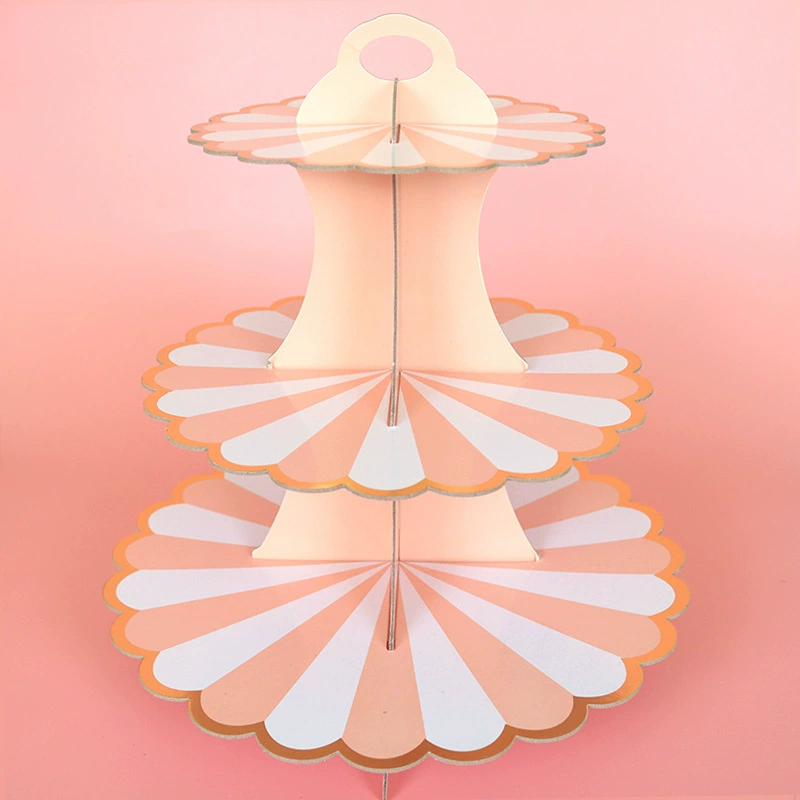 Disposable Three-Tier Paper Cake Stand, Gray Cardboard with Gold Edge, 35×30 cm