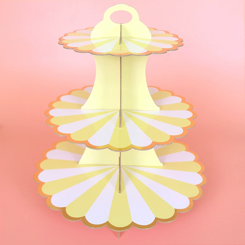 Disposable Three-Tier Paper Cake Stand, Gray Cardboard with Gold Edge, 35×30 cm