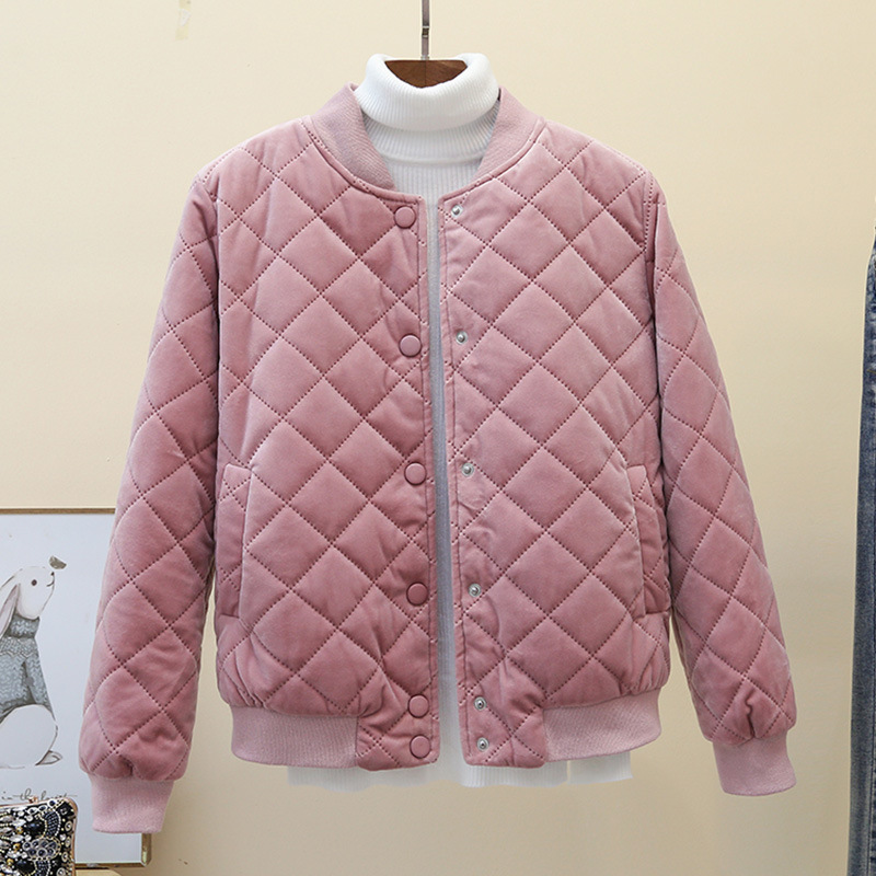Chaqueta de béisbol acolchada de algodón estilo coreano para mujer, invierno 2025, corta, estilo Harajuku, de terciopelo dorado grueso.