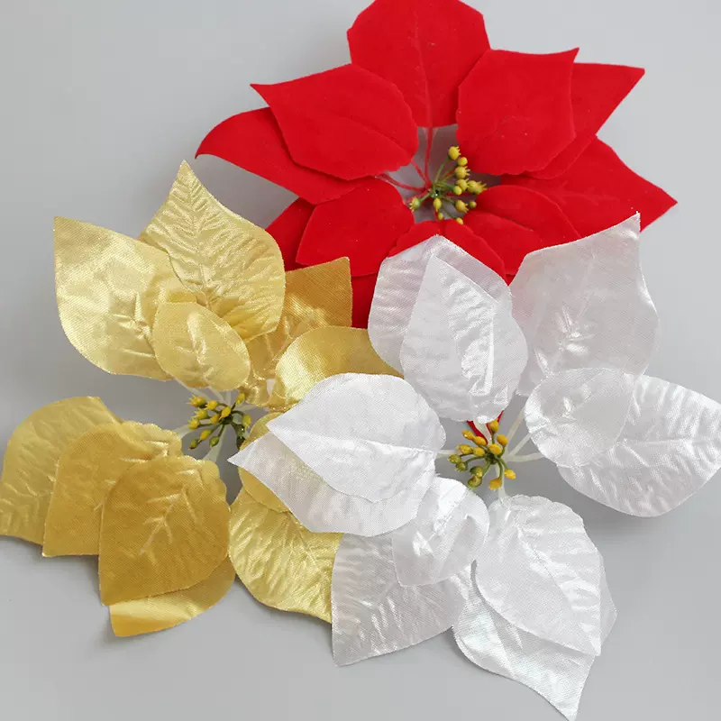 一品红 圣诞仿真花圣诞花绒布圣诞花花环装饰义乌仿真花厂家批发