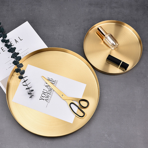 Golden stainless steel tea tray table round tray Nordic ins style light luxury storage tray cosmetics desktop dinner plate