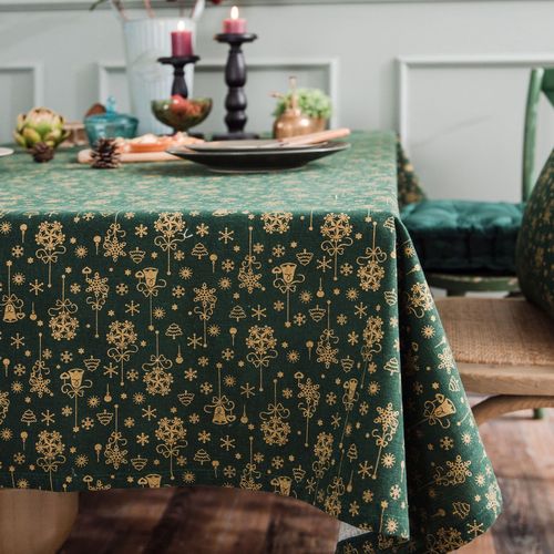 Yimanqiyun Christmas green bronzing tablecloth with wind chimes Japanese style printed cotton and linen holiday tablecloth cover rectangular