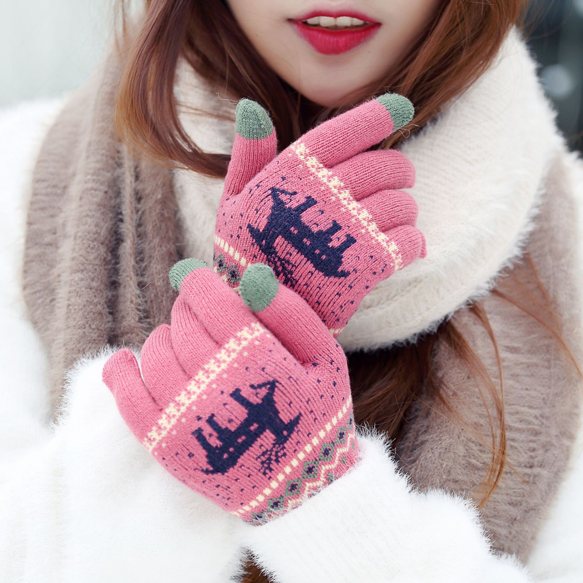 Fino 10 Tejido de punto de suministro directo de fábrica de doble capa guantes de pantalla táctil de jacquard ciervo guantes de invierno cálido cepillado