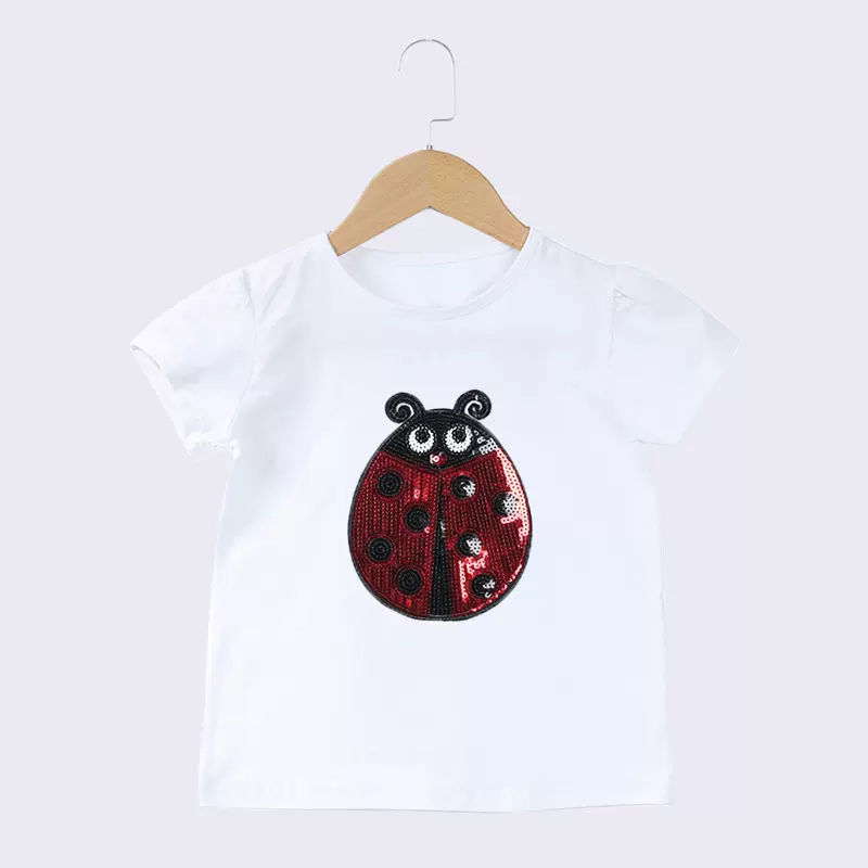 2025夏装新款棉儿童白T恤 卡通薯条大瓢虫亮片童装短袖 批发