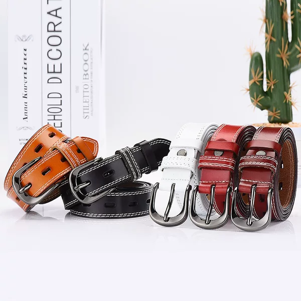 Vintage Pin Buckle Belt Fashion Hollow Double Line Unisex Leather Belt High Imitation Trouser Belt Korean Versatile Belt Wholesale