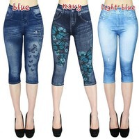 Spot! Amazon European and American Explosions Imitation Denim Leggings Women's Capri Pants Hot Selling Printed High Waist Women's Pants