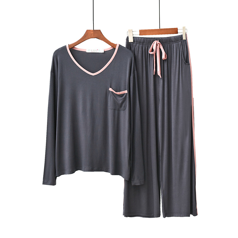 Pijamas modales pantalones de manga larga de otoño para mujer estilo coreano con cuello en V prendas de vestir exteriores sueltas ropa casual para el hogar