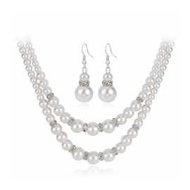 怀琅 欧美时尚多层珍珠项链耳环两件套项饰合金镶钻珍珠套装