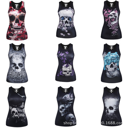Cross-border e-commerce hot-selling digital print rose skull head women's slimming breathable basic shirt