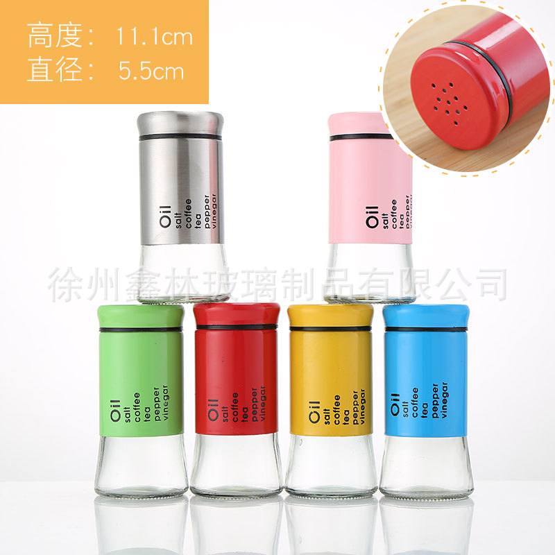 Venta al por mayor creativa nueva cocina suministros vidrio condimento botella de acero inoxidable giratoria condimento botella frasco botella de pimienta