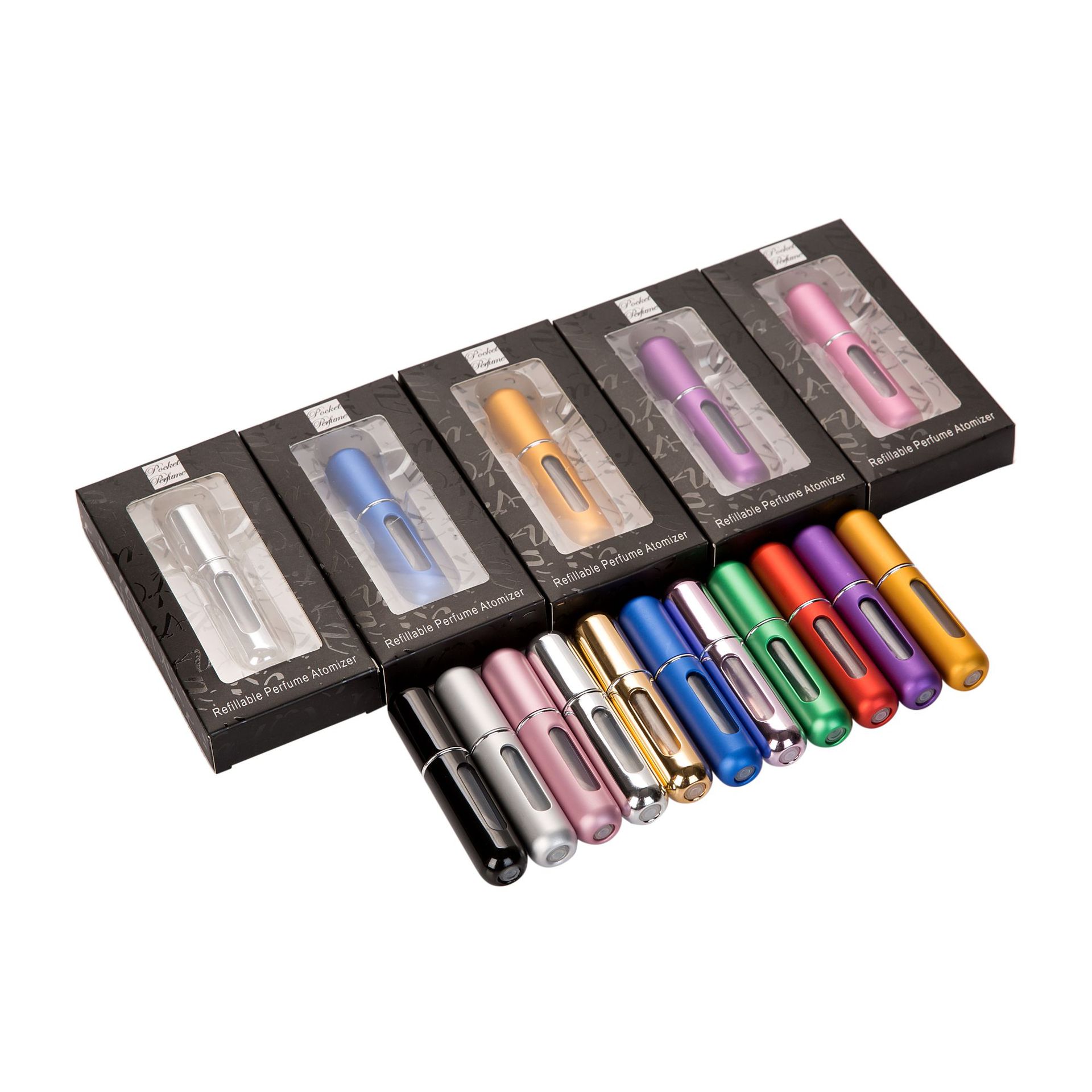 厂家直销 5ml底部充香水瓶可重复充装喷雾瓶彩色卡纸吸塑盒子包装