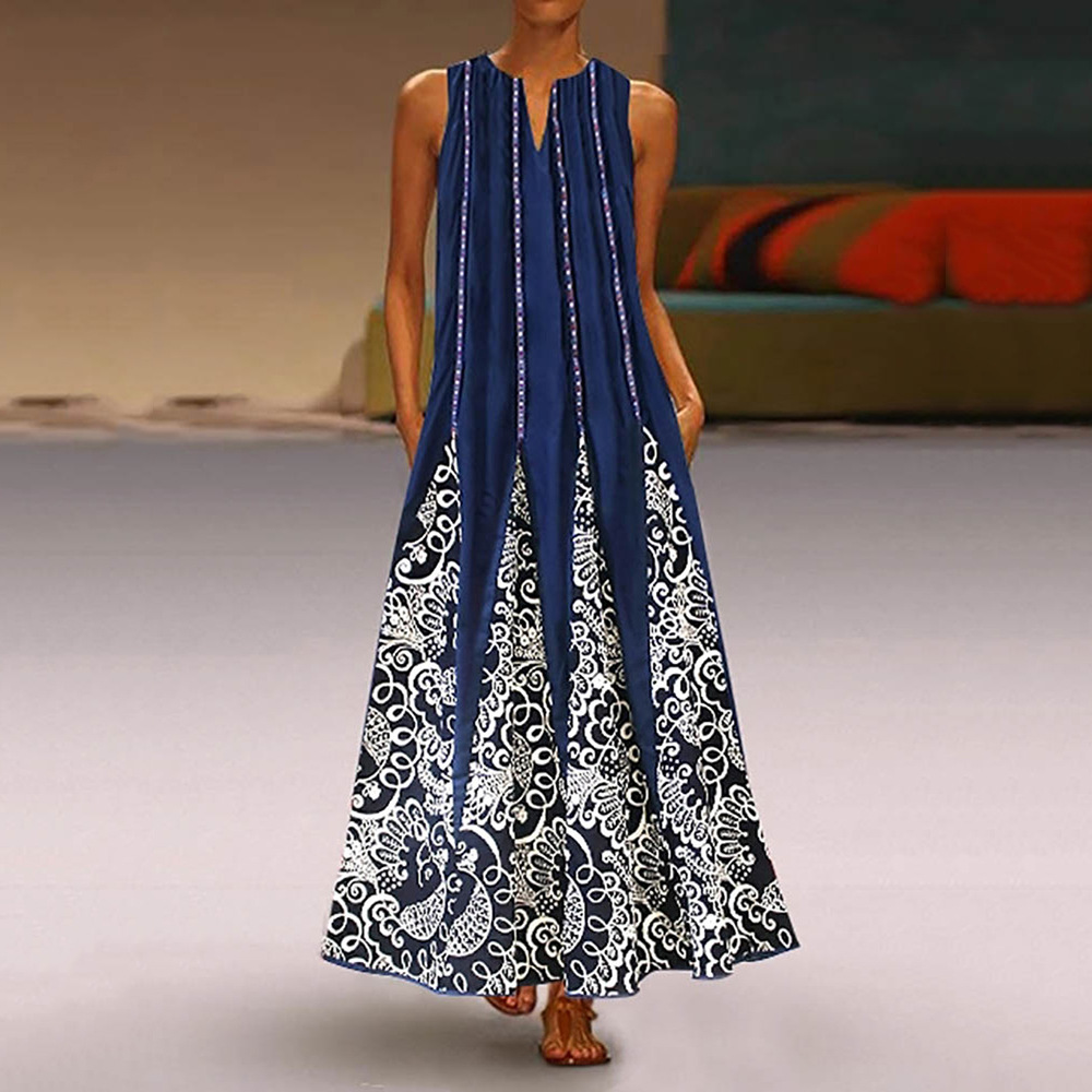 Vintage Floral Print Maxi Dress for Women V Neck Sleeveless Pocket Design Summer Casual Wear Wholesale Available