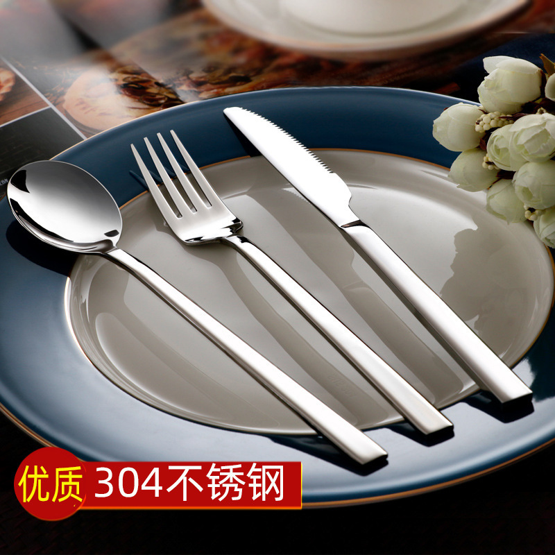 304 Stainless Steel Western-style Tableware Square Handle Stainless Steel Steak Knife and Fork Three-piece Set Korean-style Spoon Korean-style Main Fork 304 Stainless Steel Western-style Tableware Square Handle Stainless Steel Steak Knife and Fork Three-piece Set Korean-style Spoon Korean-style Main Fork