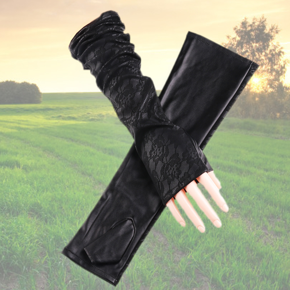 Nueva moda extendida guantes de encaje largo 40cm medio dedo etiqueta baile bola discoteca rendimiento guantes de cuero