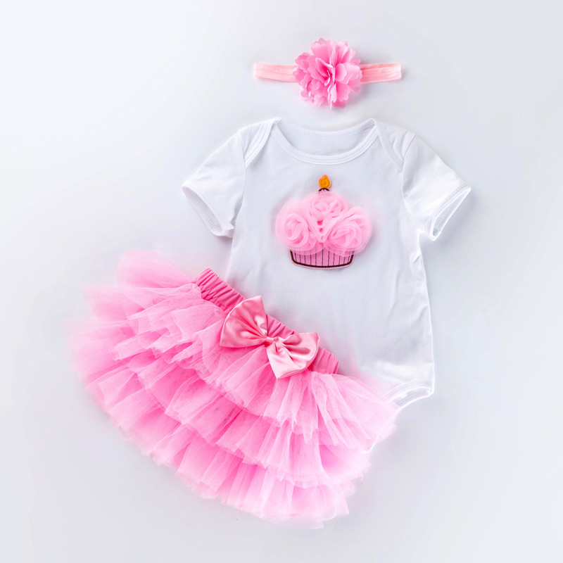 Venta directa de fábrica: Conjunto de vestido para el primer cumpleaños de bebé niña, pelele de manga corta, falda de seis capas, accesorio para el cabello, conjunto de fiesta de 3 piezas.