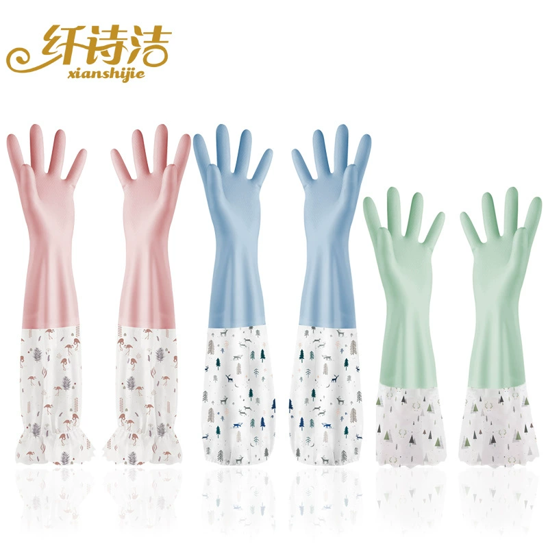 Водонепроницаемые перчатки для мытья посуды для женской кухни, утолщенные резиновые латексные пластиковые перчатки для мытья посуды с длинными рукавами, бытовые прочные перчатки для мытья посуды на флисовой подкладке