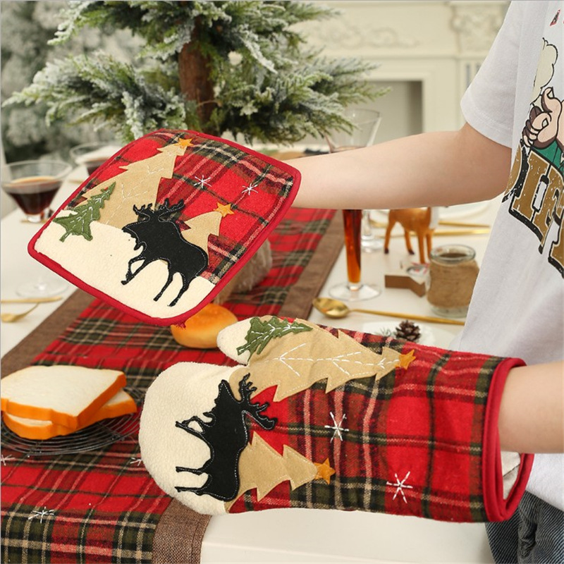 Suministros de decoración de Navidad parche de tela a cuadros guantes de aislamiento guantes de horno de microondas estera mantel de aislamiento hogar transfronterizo