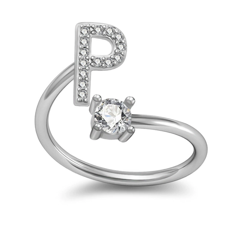 Adjustable Silver-Plated Copper Ring with Letter Initial and Clear Gemstone, Birthday Gift