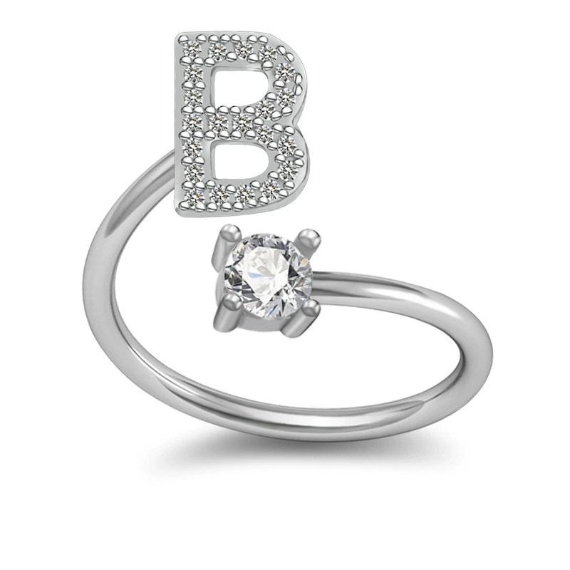 Adjustable Silver-Plated Copper Ring with Letter Initial and Clear Gemstone, Birthday Gift