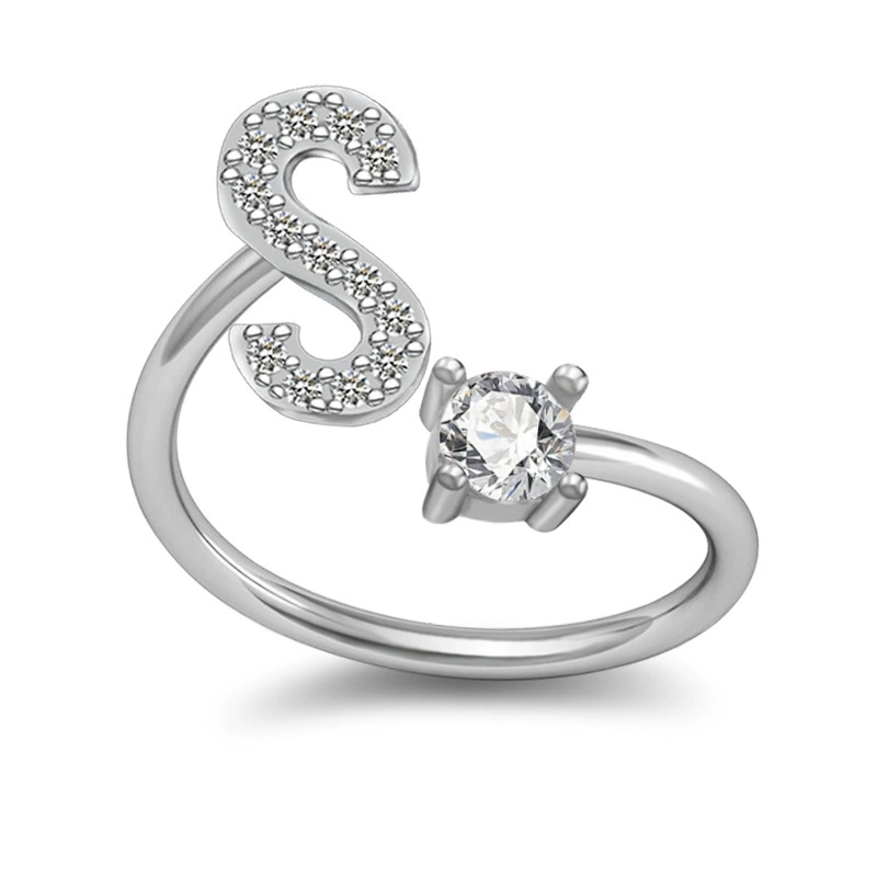 Adjustable Silver-Plated Copper Ring with Letter Initial and Clear Gemstone, Birthday Gift