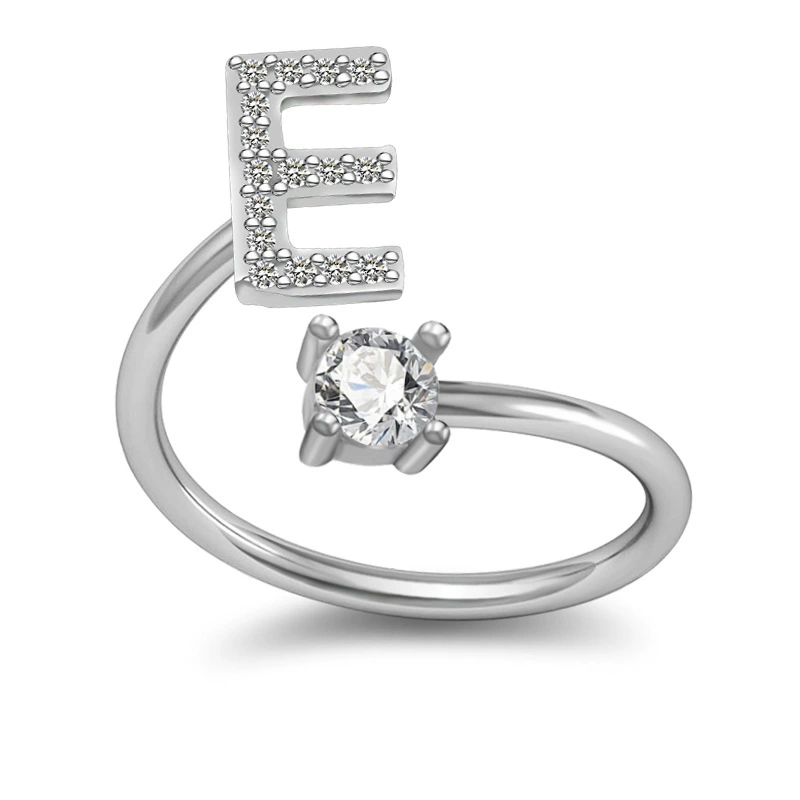 Adjustable Silver-Plated Copper Ring with Letter Initial and Clear Gemstone, Birthday Gift