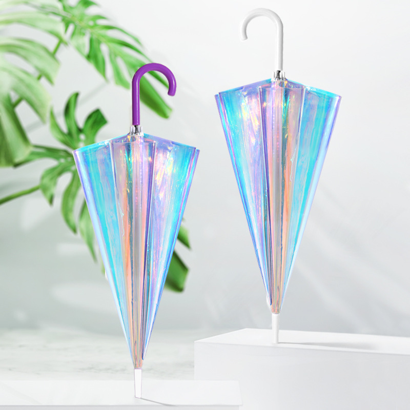 Automatic curved handle transparent umbrella fresh girl's colorful umbrella TikTok Net Red fashion Iris colorful laser umbrella