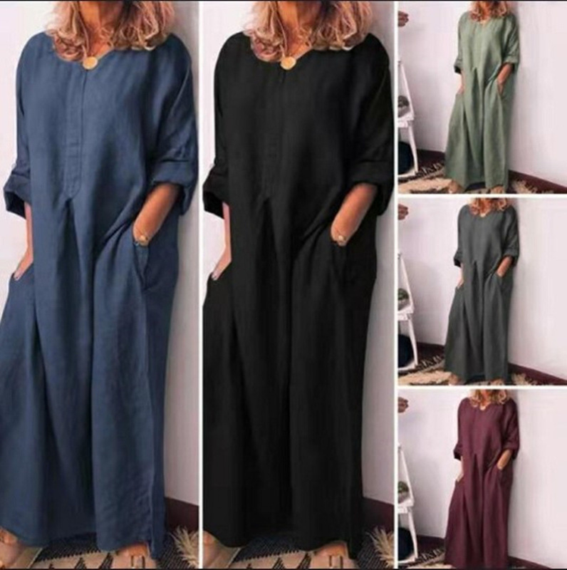 Wish Amazon ebay Explosions 2024 Spring and Autumn European and American Women's Cotton and Linen Solid Color Loose Long Sleeve Dress