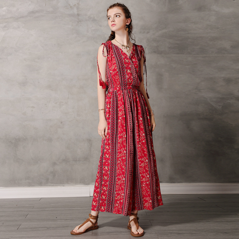 Bohemian ethnic style printed jumpsuit 2024 summer new order flower cotton linen jumpsuit 82096
