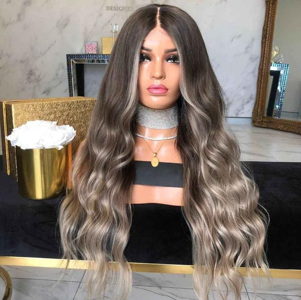 brown long curly wig with hair parting