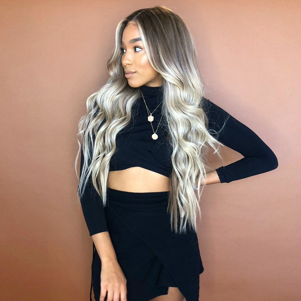 black golden curly wig with hair parting