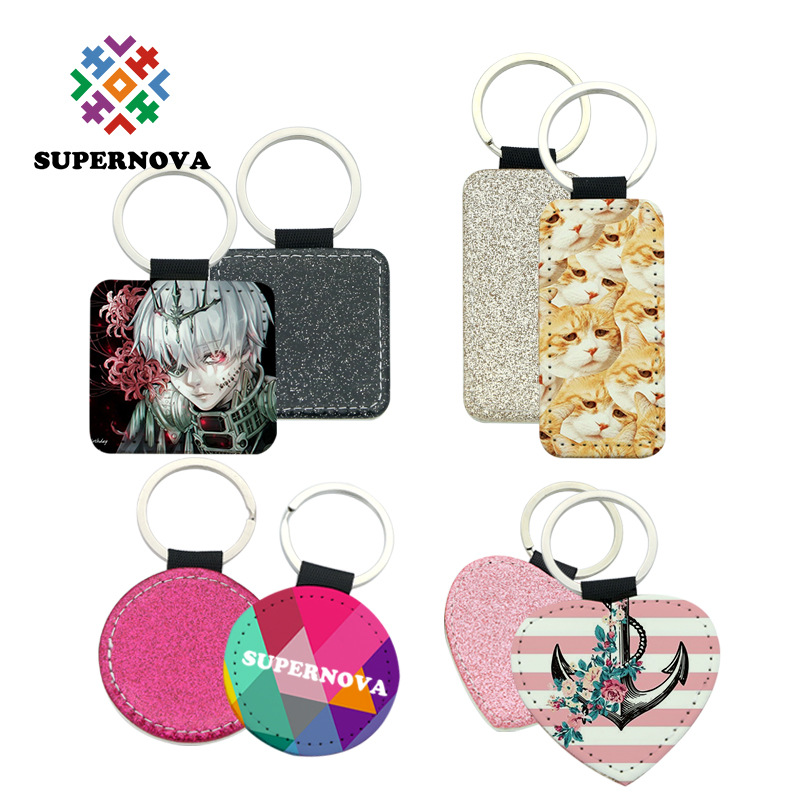 Transferencia térmica en blanco brillante llavero sublimación de un solo lado PU ornamento de cuero colgante llavero material