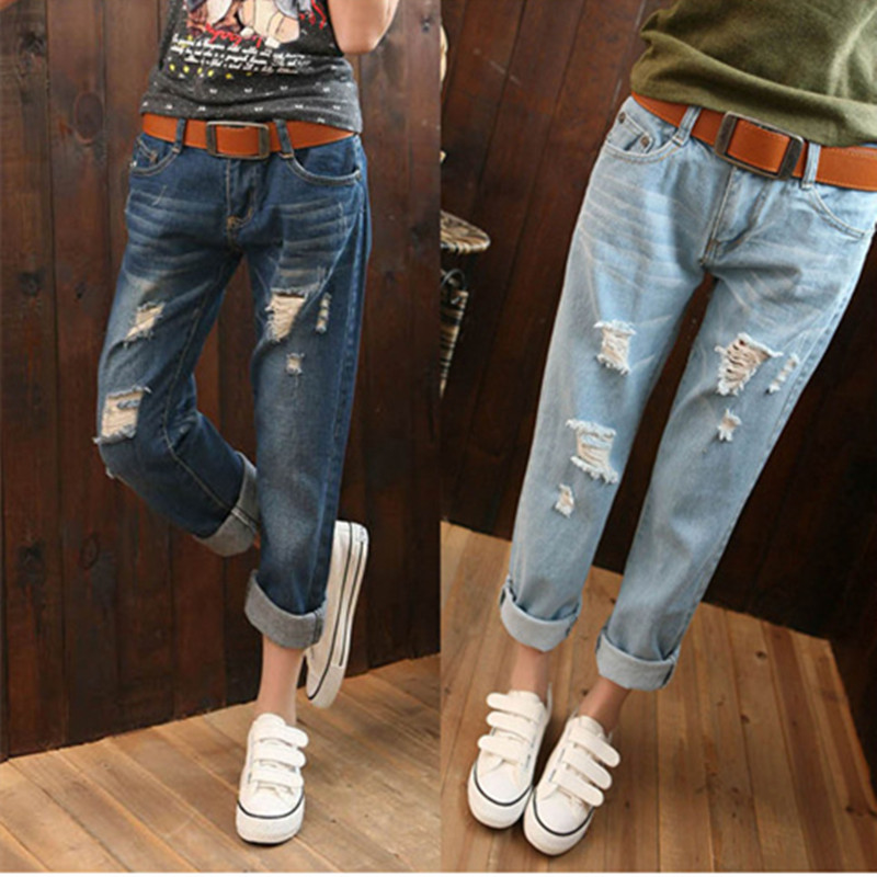 Summer New Korean Style Women's Large Size Loose Bf Ripped Jeans Women's Harem Nine-Point Pants Drop Shipping