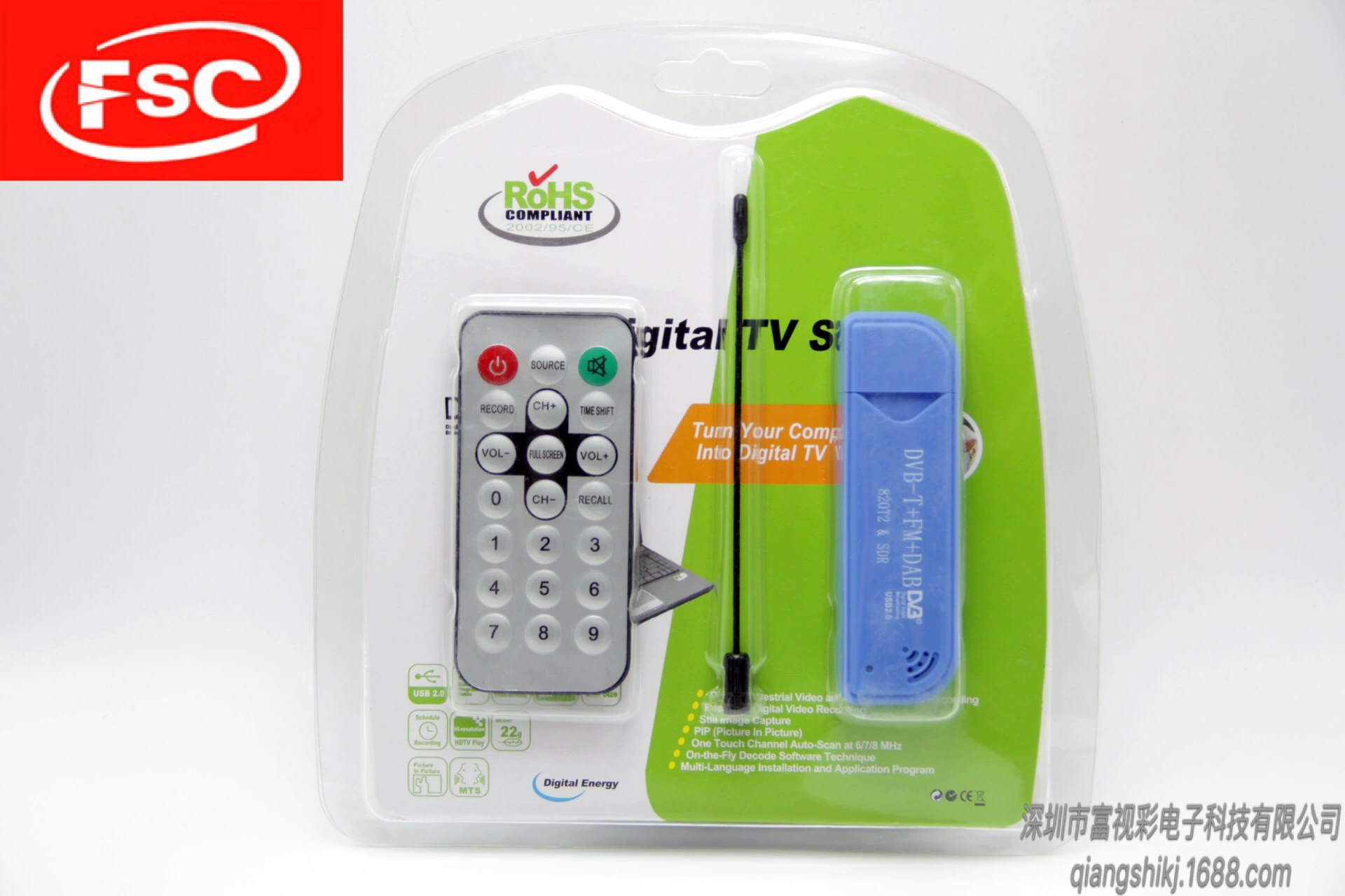 Прямые продажи в Европе и США: синий USB DVB-T+FM тюнер на чипе RTL2832+R820T2