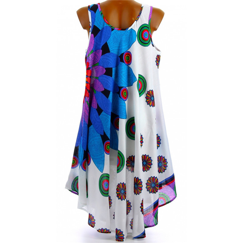 European and American Clothing 2019 Summer Sleeveless Asymmetrical Large Hem Dress Loose Chiffon Printed Dress in Stock