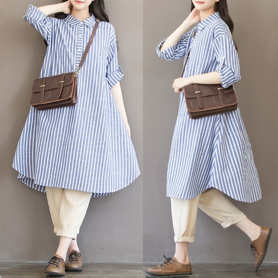 2026 Spring Clothing Plus Size Plus-Size Women's Mid-Length Vertical Striped Shirt Cotton and Linen Maternity Dress Shirt Dress 100kg