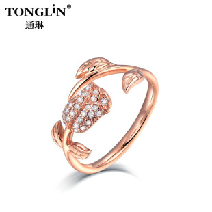 Tonglin 18K Gold Diamond Ring High-End Flower Style 14K Rose Gold Ring Pure Gold European and American Fashion Cross-Border Hot-Selling Wedding Ring