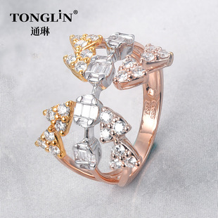 Tonglin Au750 Diamond Ring Women's High-End Design Special-Shaped T-Square Diamond European and American K Gold Ring One Piece Starting Batch