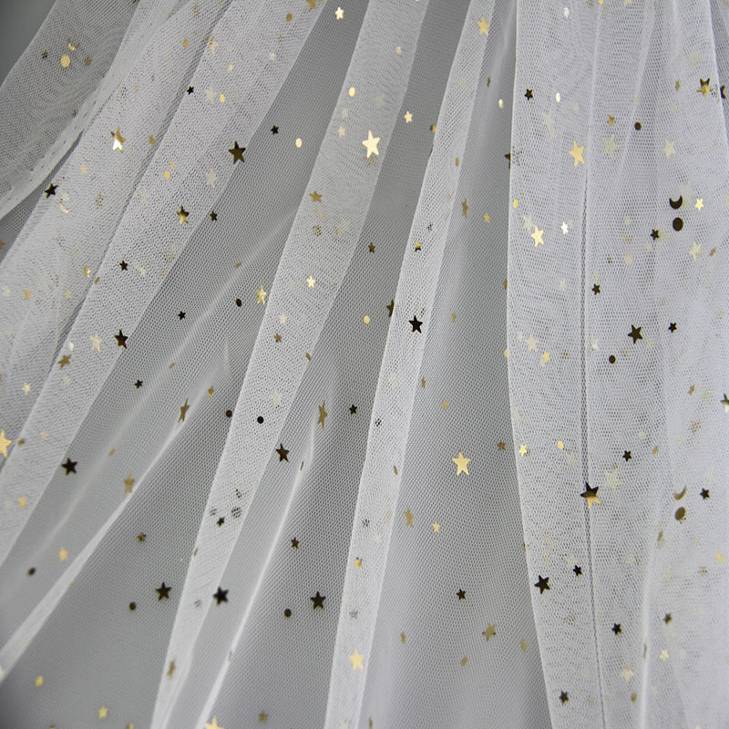 白色星星月亮纱涤纶六角网布装饰网纱面料 现货时尚五角星纱