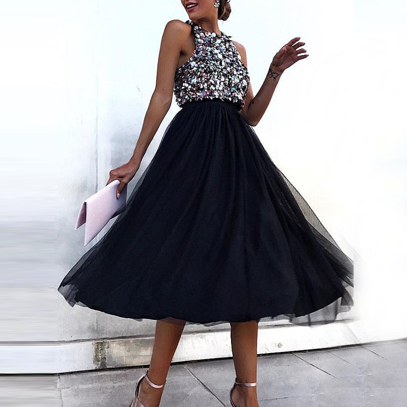 New Foreign Trade Women's Dress Wish Dunhuang Sexy Sleeveless Halter Neck Sequin Dress