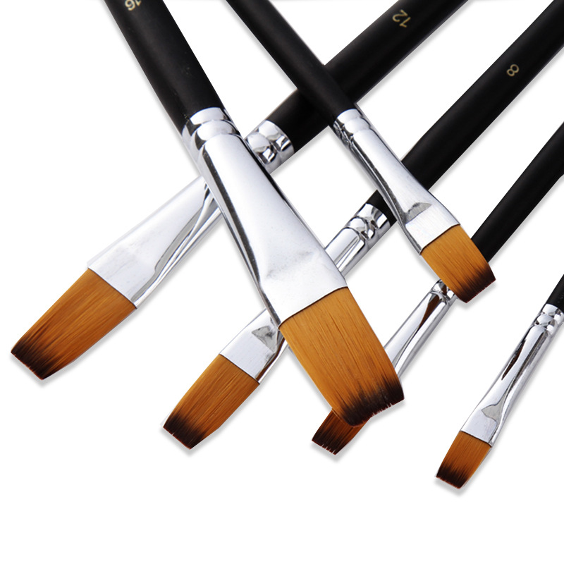 Venta directa de fábrica de 9 pinceles de punta plana de nailon con mangos de madera negros brillantes, pinceles para pintura al óleo, herramientas de pintura duraderas.