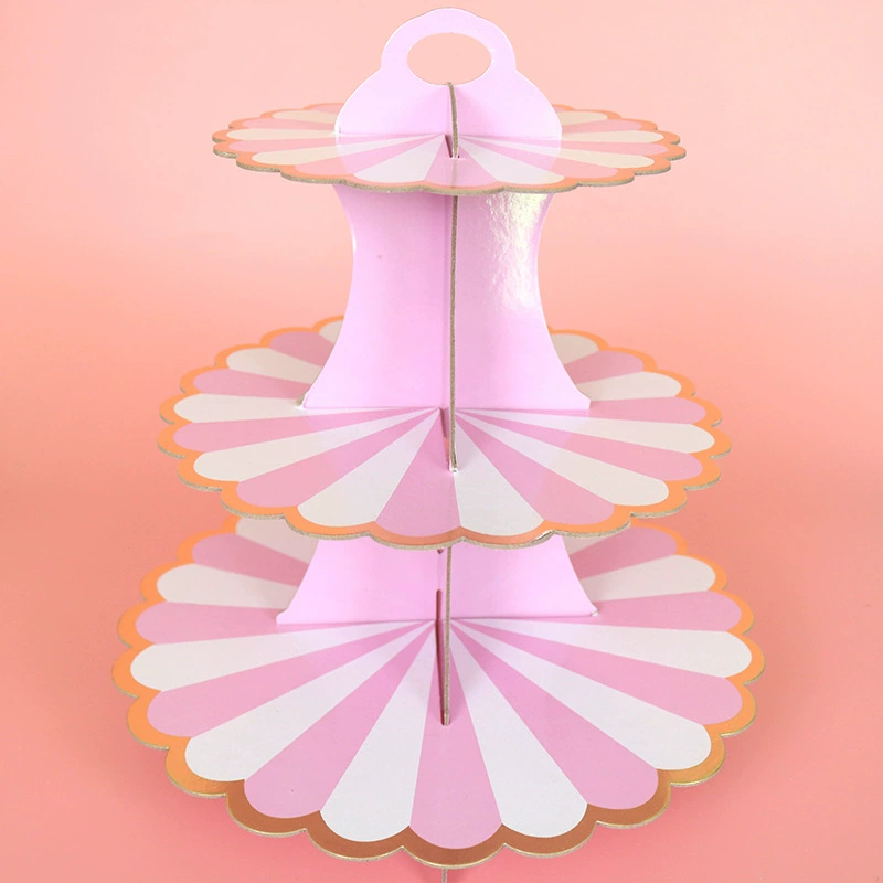 Disposable Three-Tier Paper Cake Stand, Gray Cardboard with Gold Edge, 35×30 cm